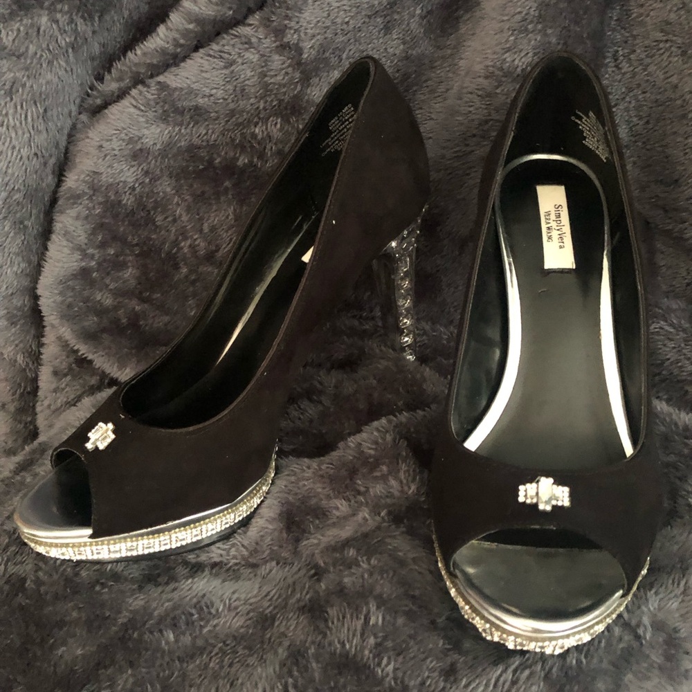 Elegant Black Peep-Toe Heels with Rhinestone Accents